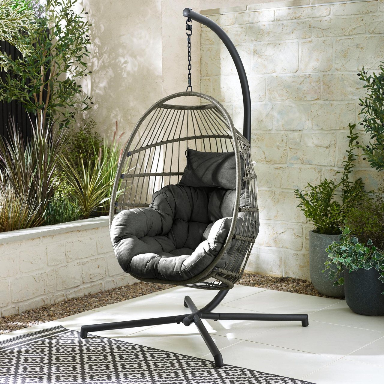 Grey Rattan Hanging Egg Chair Outdoor Garden Furniture