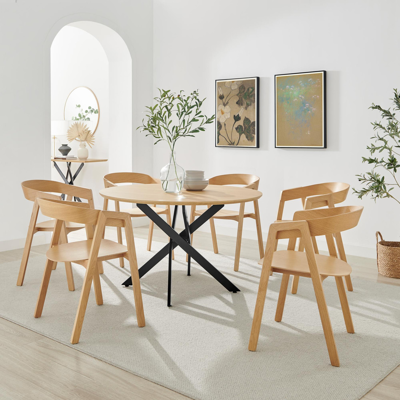 Novara 120cm Oak Veneer Top Round Dining Table & 6 Oak Masa Chairs