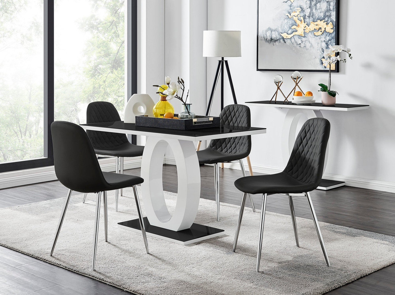 Giovani Black Dining Table & 4 Silver Leg Chairs | Furniturebox
