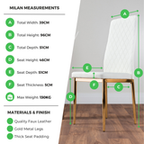 6x Milan Cappuccino Beige Hatched Faux Leather Dining Chairs Gold Legs - Milan Leather Gold Measurements.png