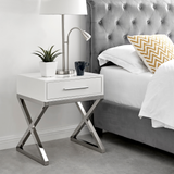 Oxford 1 Drawer White High Gloss Bedside Table - oxford-white-high-gloss-chrome-modern-bedside-table-1.png