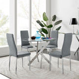 Novara Gold Metal 100cm Round Glass Dining Table And 4 Milan Dining Chairs - novara-100cm-chrome-metal-round-dining-table-and-4-grey-leather-milan-chairs-set-CROP.jpg