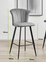 2x Juniper Grey Velvet Bar Stools Black Legs - Juniper grey black dimensions website.jpg