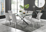Leonardo Glass and Chrome Dining Table & 6 Nora Silver Leg Chairs - leonardo-6-chrome-silver-dining-table-6-light-grey-velvet-nora-silver-chairs-set.jpg