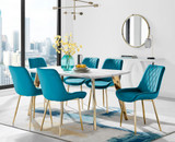 Andria Gold Leg Marble Effect Dining Table and 6 Pesaro Gold Leg Chairs - andria-matte-marble-gold-leg-retangular-dining-table-6-blue-velvet-pesaro-gold-chair-set.jpg
