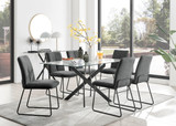 Leonardo Black Leg Glass Dining Table & 6 Halle Chairs - leonardo-black-6-black-rectangular-dining-table-6-dark-grey-fabric-halle-black-chairs-set.jpg