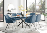 Leonardo Black Leg Glass Dining Table & 6 Falun Silver Leg Chairs - leonardo-black-6-black-rectangular-dining-table-6-blue-fabric-falun-silver-chairs-set.jpg