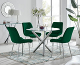 Selina Round Dining Table and 4 Pesaro Silver Leg Chairs - selina-chrome-glass-round-dining-table-4-green-velvet-pesaro-silver-chairs-set_1.jpg