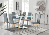 Florini V White Dining Table and 6 Gold Leg Milan Chairs - florini-white-glass-rectangle-dining-table-6-grey-leather-milan-gold-chairs-set.jpg