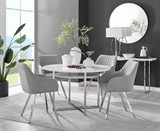 Adley White High Gloss Storage Dining Table & 4 Falun Silver Leg Chairs - adley-round-white-dining-table-4-light-grey-fabric-falun-silver-chairs-set.jpg