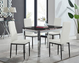 Enna Black Glass Extending Dining Table and 4 Milan Black Leg Chairs - enna-4-black-glass-extending-chrome-dining-table-4-white-leather-milan-chairs-black-set.jpg