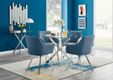 Novara Round Glass Dining Table & 4 Falun Silver Leg Chairs - novara-100-chrome-round-dining-table-4-blue-fabric-falun-silver-chairs-set.jpg