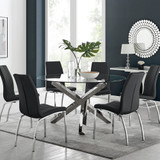 Vogue Large Round Chrome Metal Clear Glass Dining Table And 6 Isco Dining Chairs Set - Vogue-chrome-glass-round-dining-table-6-black-leather-isco-chairs-set-CROP.jpg