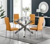 Vogue Large Round Chrome Metal Clear Glass Dining Table And 4 Milan Dining Chairs Set - vogue-chrome-glass-round-dining-table-4-mustard-leather-milan-chairs-set.jpg