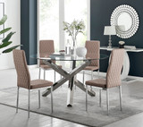 Vogue Large Round Chrome Metal Clear Glass Dining Table And 4 Milan Dining Chairs Set - vogue-chrome-glass-round-dining-table-4-beige-leather-milan-chairs-set.jpg