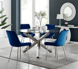 Vogue Round Dining Table and 4 Pesaro Silver Leg Chairs - Vogue-4-Round-Chrome-Glass-Dining-Table-Pesaro-silver-leg-navy-fabric.jpg