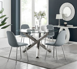 Vogue Large Round Chrome Metal Clear Glass Dining Table And 4 Corona Silver Dining Chairs Set - vogue-chrome-glass-round-dining-table-4-grey-leather-corona-silver-chairs-set.jpg