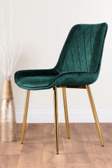Novara 100cm Gold Round Dining Table and 4 Pesaro Gold Leg Chairs - green-pesaro-velvet-gold-chrome-modern-luxury-dining-chair-1.jpg