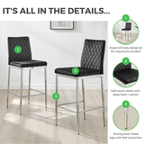 Furniturebox UK Milan Counter Stool - Set of 2 Breakfast Counter Stools - Premium Dining Room Chairs - Contemporary & Luxurious Chrome Hatched Velvet Dining Seats (2x Green Velvet Silver Leg Chairs) - Milan Bar Velvet Silver Details.png