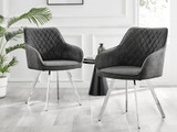 Palma Beige Stone Effect Round Dining Table & 6 Falun Silver Leg Chairs - 2xFalun Dark Grey Fabric Silver Leg Dining Chairs.jpg