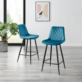 2x Pesaro Blue Velvet Bar Stools Black Legs - Pesaro-Bar-Chair-Blue-Velvet-Black-Legs-2.jpg