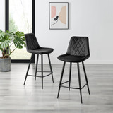 Furniturebox UK Counter Stools - Pesaro Black Velvet Upholstered Dining Chair Black Metal Legs - Modern Style Diamond Quilted Stitching To Back - Contemporary Dining Kitchen Furniture - Pesaro Bar Chair-Black-Velvet-Black Legs-2.jpg