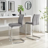 Furniturebox UK Counter Stools - Lorenzo - 2x Grey Faux Leather Upholstered Dining Counter Stools Silver Chrome Metal Legs - Cantilever Leg - Vertical Stitching - Modern Dining Kitchen Furniture - Lorenzo-Grey-Bar-Chair-Hero.jpg