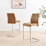Furniturebox UK Counter Stools - Lorenzo - 2x Tan Brown Faux Leather Upholstered Dining Counter Stools Silver Chrome Metal Legs - Cantilever Leg - Vertical Stitching - Modern Dining Kitchen Furniture - Lorenzo-Tan-Bar-Chair-2.jpg