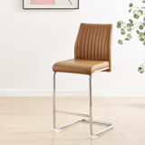 Furniturebox UK Counter Stools - Lorenzo - 2x Tan Brown Faux Leather Upholstered Dining Counter Stools Silver Chrome Metal Legs - Cantilever Leg - Vertical Stitching - Modern Dining Kitchen Furniture - Lorenzo-Tan-Bar-Chair-3.jpg