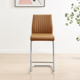 Furniturebox UK Counter Stools - Lorenzo - 2x Tan Brown Faux Leather Upholstered Dining Counter Stools Silver Chrome Metal Legs - Cantilever Leg - Vertical Stitching - Modern Dining Kitchen Furniture - Lorenzo-Tan-Bar-Chair-4.jpg