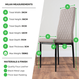 6x Milan Cappuccino Hatched Faux Leather Dining Chairs Black Legs - Milan Leather Black Measurements.png