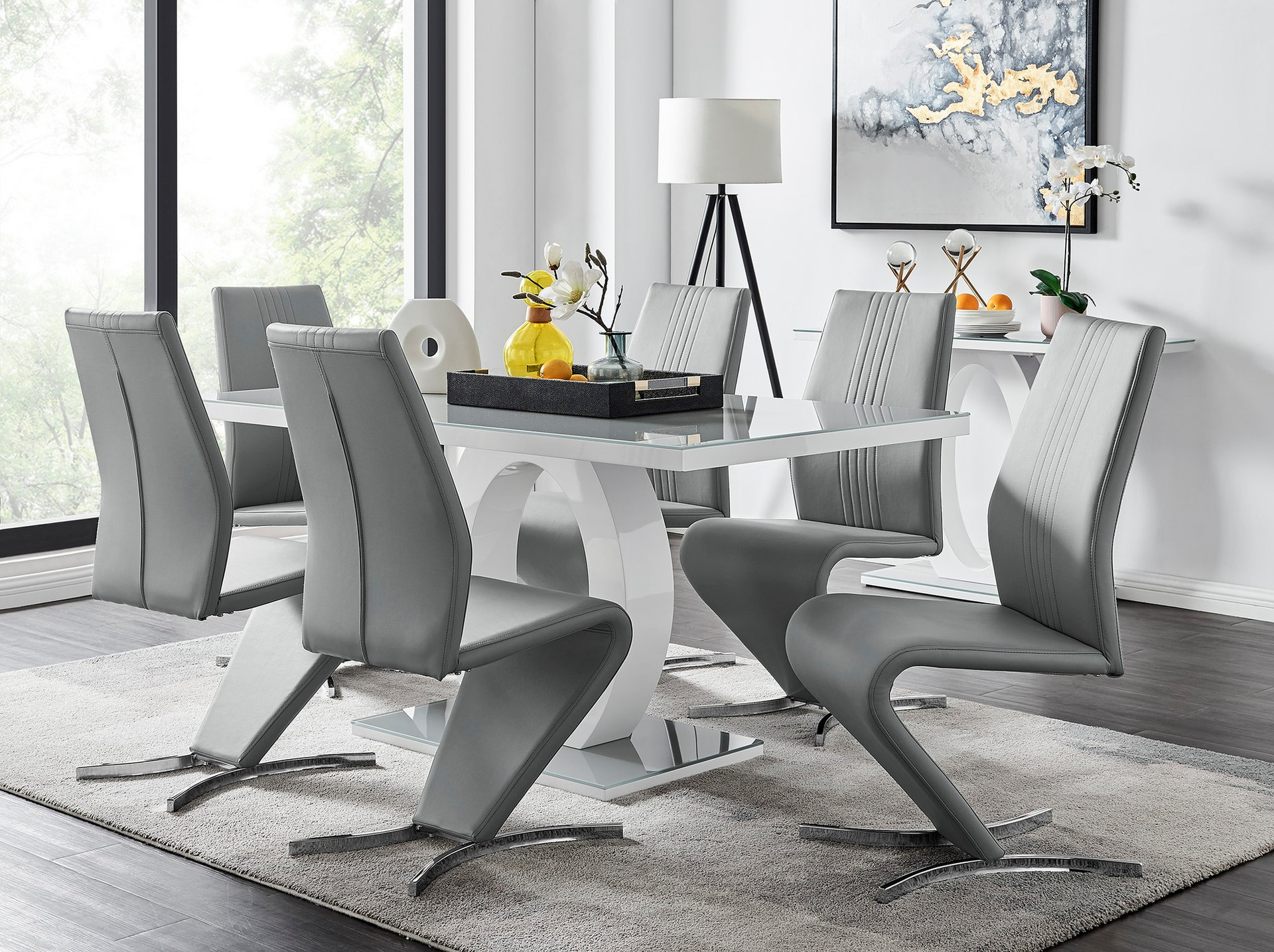 Grey & White High Gloss Dining Table & 6 Willow Chairs | Furniturebox
