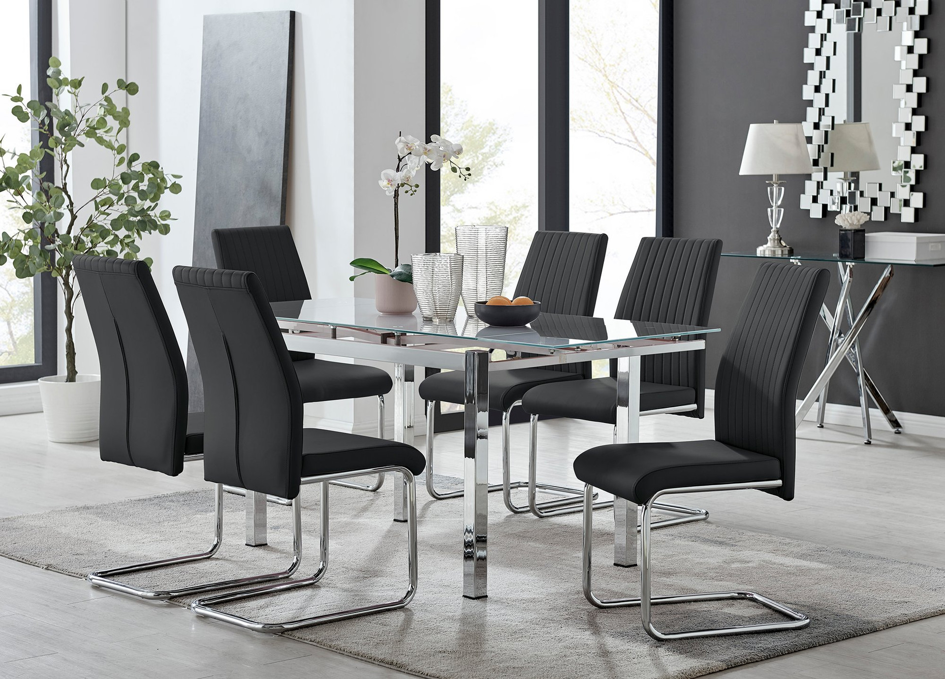 Enna White Glass Extending Dining Table and 6 Lorenzo Chairs Furniturebox
