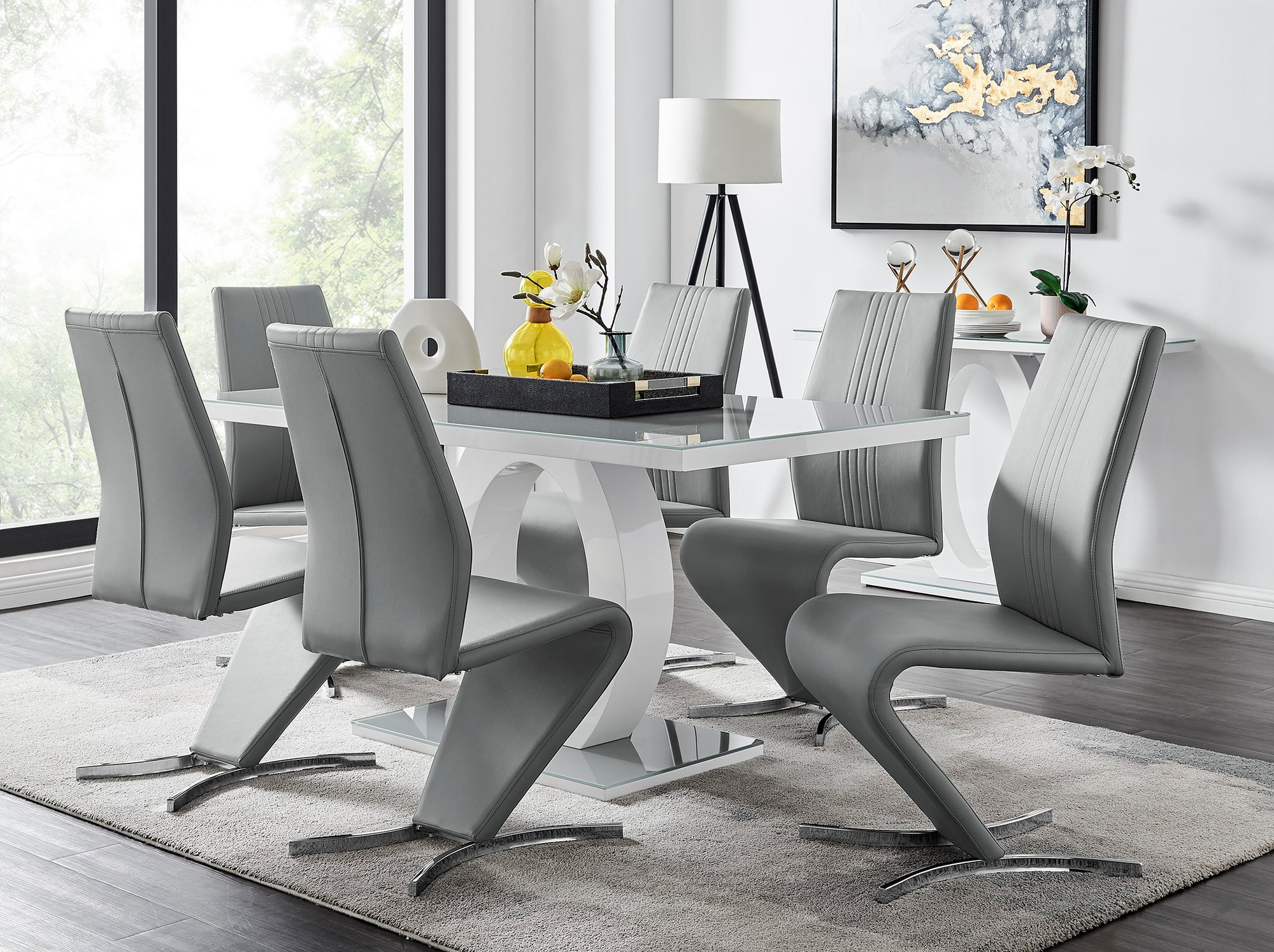 Grey & White High Gloss Dining Table & 6 Willow Chairs | Furniturebox
