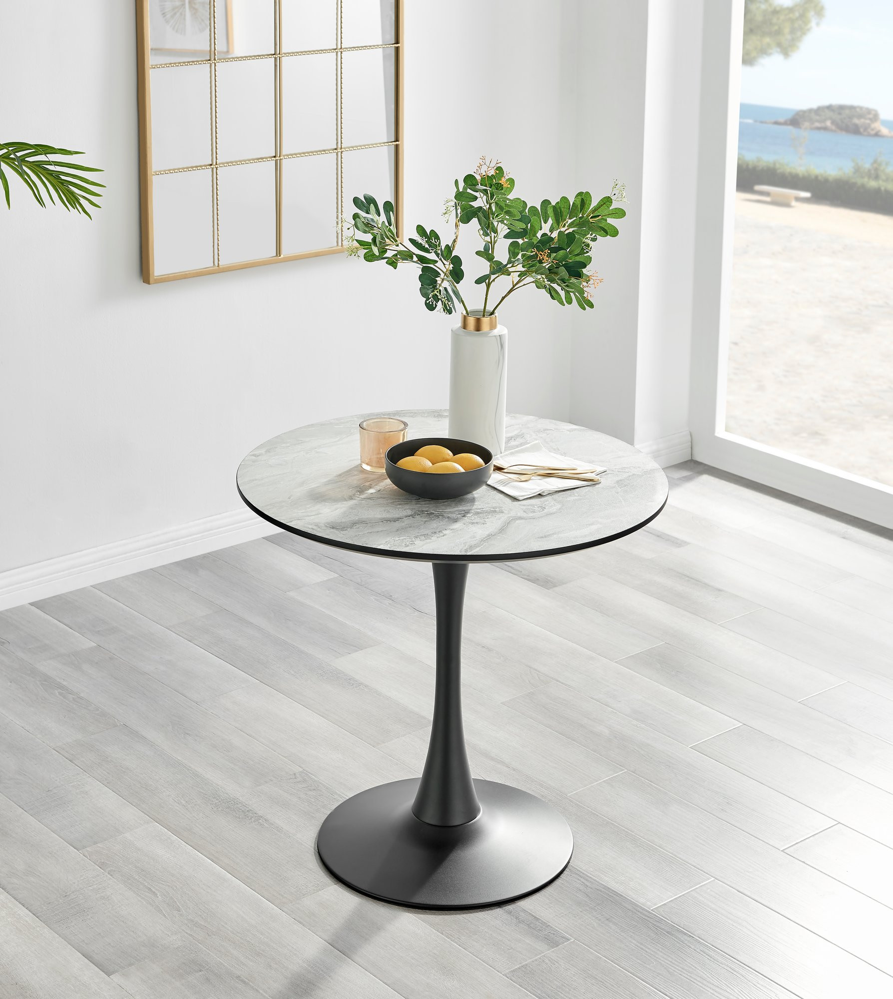 Elina White Marble Effect Round Dining Table & 2 Pesaro Gold Leg Chairs - Furniturebox UK