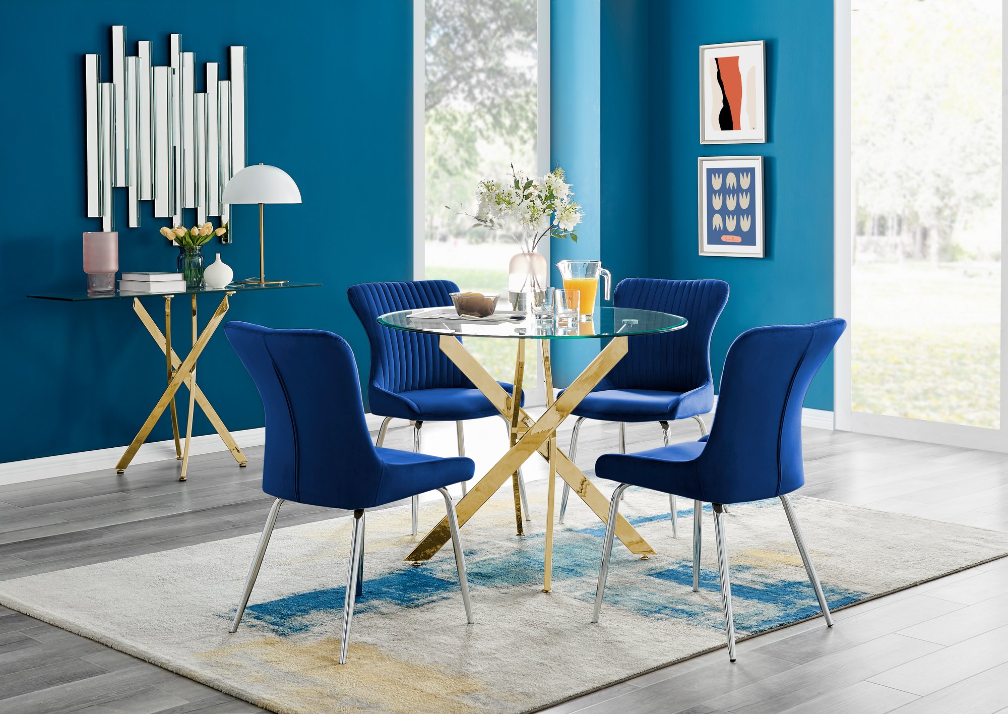 NOVARA 120cm Round Glass and Gold Leg Dining Table & 4 or 6 Velvet Dining  Chairs