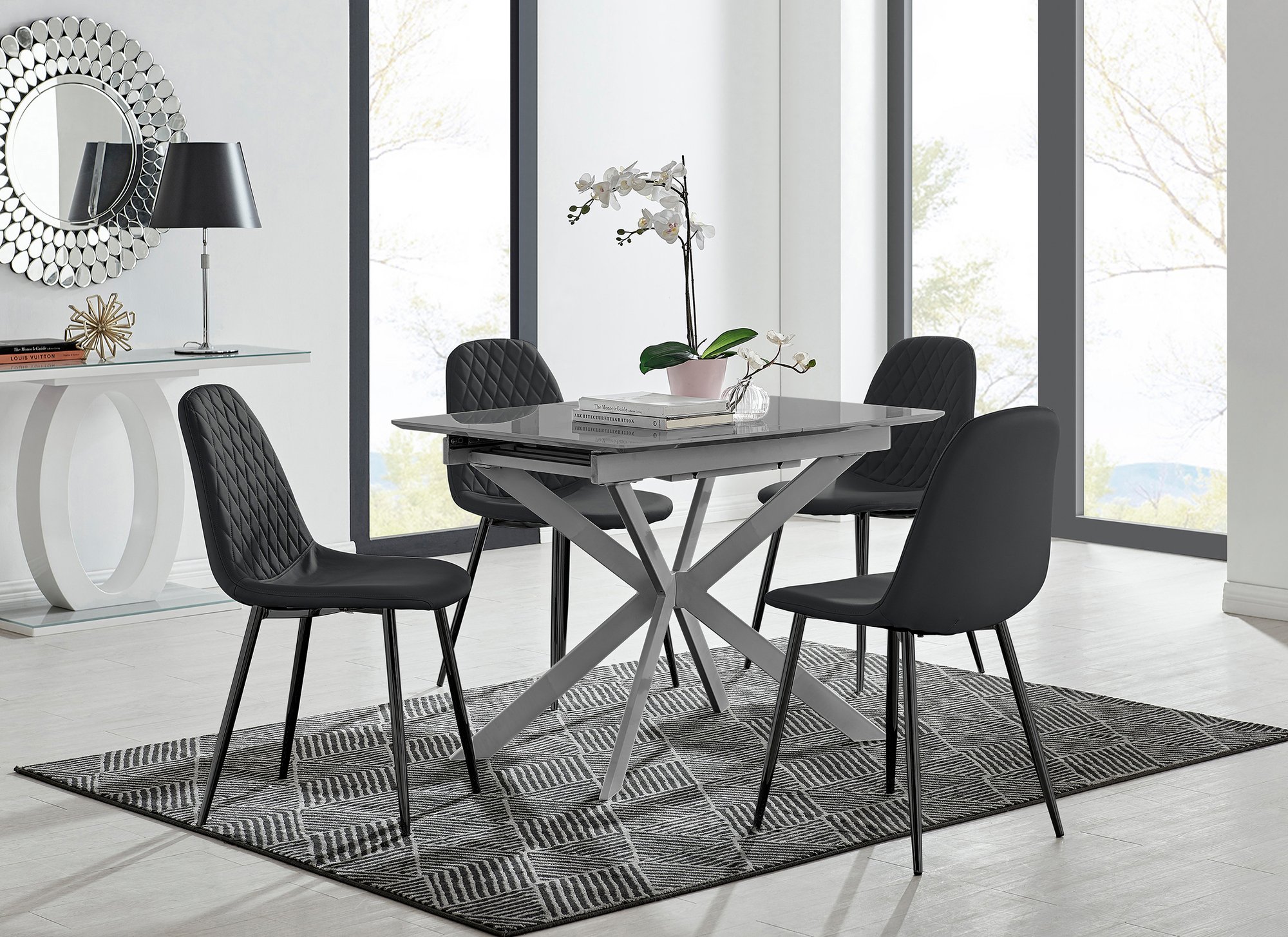 Lira 100cm Grey Metal Extending Dining Table & Corona Black Leg Chairs