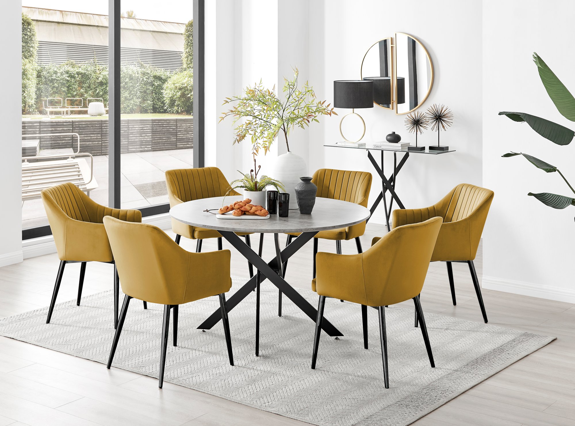 Novara 120cm 4 6 Seater Round Glass Dining Table with Black Metal Starburst  Legs for Modern Industrial Minimalist Dining Room