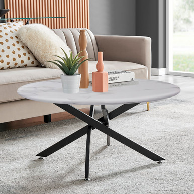 Novara White Glass Marble Black Legs | Round Coffee Table