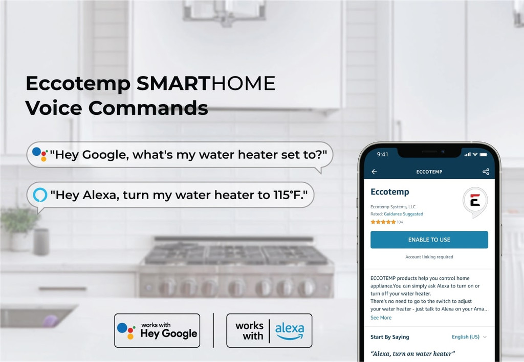 Eccotemp SmartHome 4.0 Gallon Mini Tank Water Heater voice commands works with Hey Google and Amazon Alexa