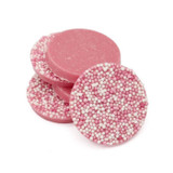 Strawberry Cream flavoured Candy Pink discs with pink & white sprinkles. They would make a great party bag filler or wedding favour!