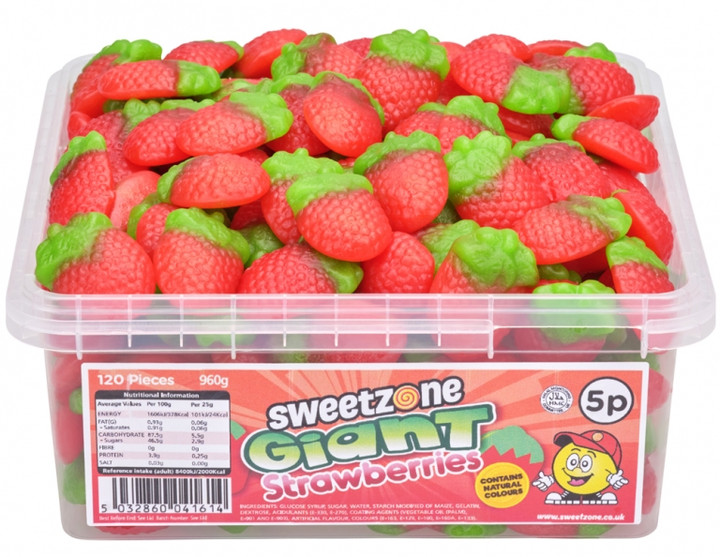 Sweetzone Giant Strawberries.Juicy & fruity jelly strawberries.Tub of 600.All Sweetzone Tubs are 100% Halal.All other Sweetzone Tubs available from our shop