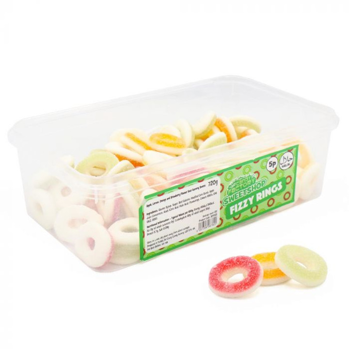 Crazy Candy Factory Tub -  Fizzy Rings 720g
Zingy colourful fizzy rings bursting with apple, lemon, orange & strawberry fruity flavours!
Full tub containing approx 120 sweets
100% Halal