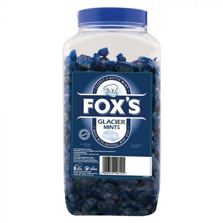 Fox's Glacier Mints. A true retro classic, mint flavoured boiled sweets. Made with natural mint oils & no artificial colours. 1 x 1.7kg Jar.
