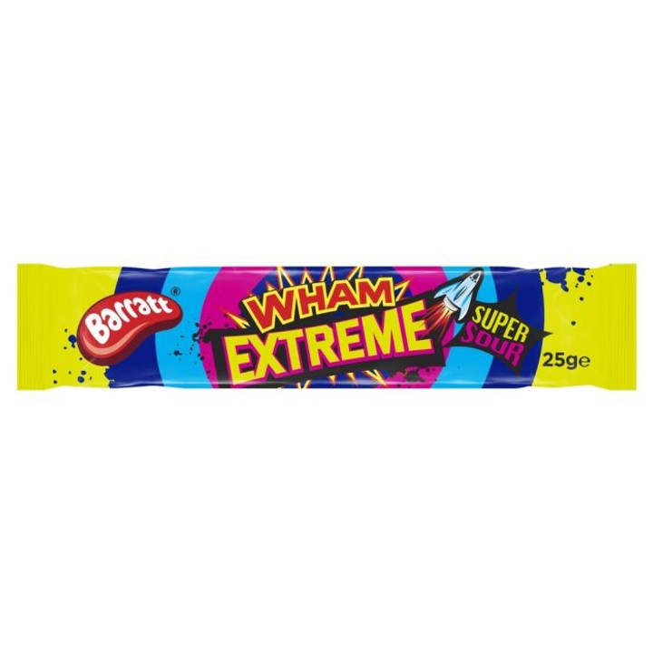 An extremely sour version of the Barratt Wham Chew Bar, the Barratt Wham Extreme Bars are long lengths of raspberry flavour chew sweet, scattered with super sour crystals. 
