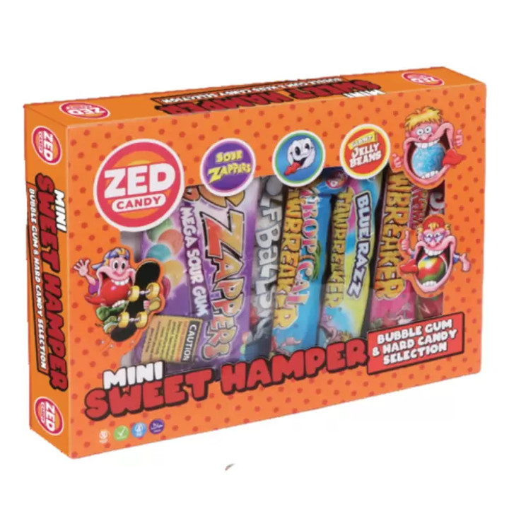 Perfect Christmas Gift or Stocking Filler. This Hamper from ZED Candy features a mix of their Bubblegum and Hard Candy favourites. It includes Big Zappers, Golf Balls, Jawbreakers and more. 
The sweets included in this hamper are halal, gluten-free, dairy-free, and suitable for vegetarians.