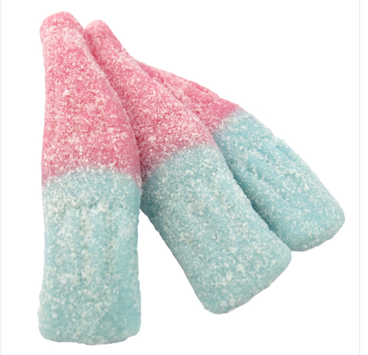 Giant Fizzy Bubblegum Bottles - A tasty sour blue and pink fizzy bottle shaped Bubble gum flavoured jelly sweet. These are approx 9cm long. The smaller variety also available in our shop