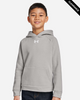 Clearance - Under Armour 1379792 Youth Rival Fleece Hooded Sweatshirt | Mod Grey Light Heather/ White