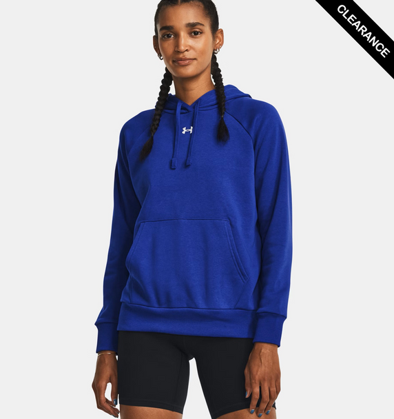 Clearance - Under Armour 1379500 Women's Rival Fleece Hooded Sweatshirt | Royal/ White
