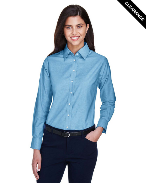Clearance - Harriton M600W Ladies' Long-Sleeve Oxford with Stain-Release Shirt | Light Blue